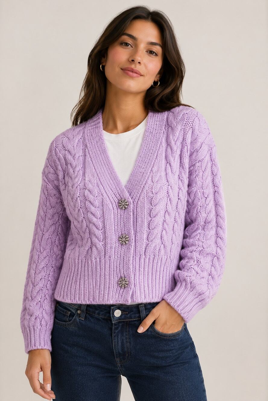 Zara Jewel Button Cable Knit Cardigan – Lilac – Size Small